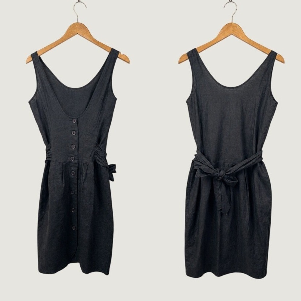 Ann Taylor Linen Dress Size 2 Black Vintage Button Back Minimalist Chic Sundress